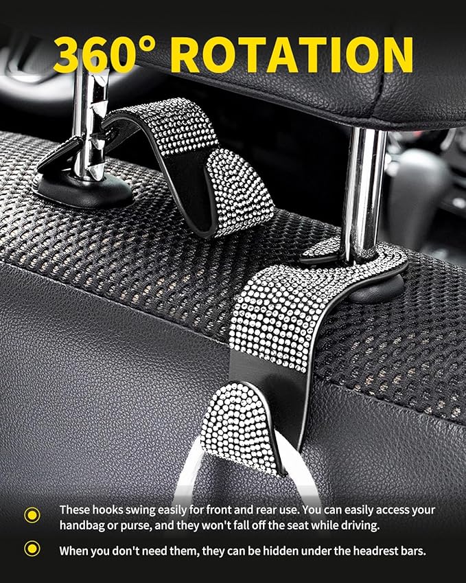 MEALAM 4 Pack Blink Diamond Car Seat Headrest Hooks Crystal Rhinestone Car Purse Holder Universal Interior Accessories for Handbags, Water Bottles, Coats, Umbrellas, White