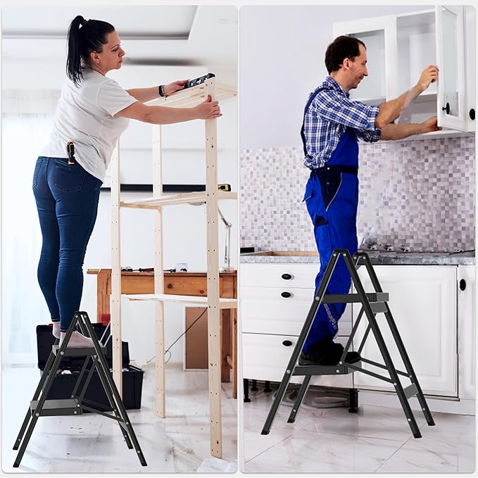 2 Step Ladder, Folding Step Stool with Anti-Slip Wide Pedal, Anti-Slip Feet, Sturdiest Steel Construction, Steel Ladder for Home and Office, Black