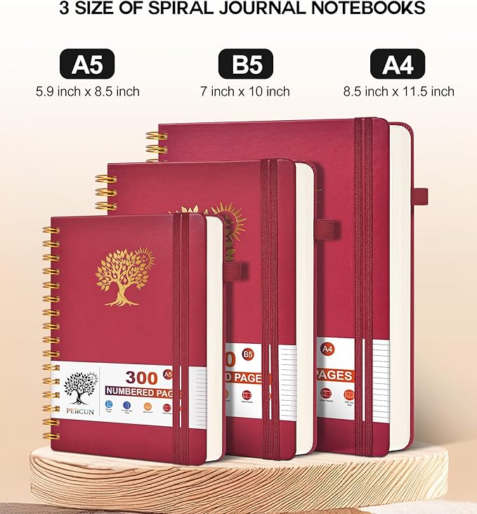 Spiral Notebook Journal for Women Men, 300 Numbered Lined Pages, College Ruled, A5 Hardcover Spiral Bound Notebook for School, Work, Note Taking Writing, Leather Spiral Journal Medium 5.9"x8.5"