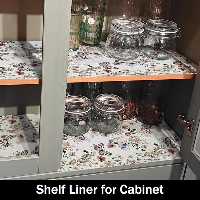 Floral Shelf Liners 16IN x 10FT Non Adhesive and Strong Non-Slip Shelf and Drawer Liners for Kitchen Cabinet Wire Fridge, Waterproof Shelf Drawer Liner,Easy to Clean