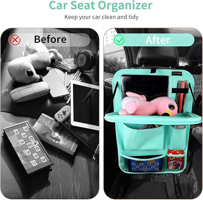 LUCMO Car Backseat Organizer with Tablet Holder,6 Storage Pockets Car Storage Organizer with Foldable Food Tray,Seat Protectors Kick Mats Travel Accessories-Light Blue