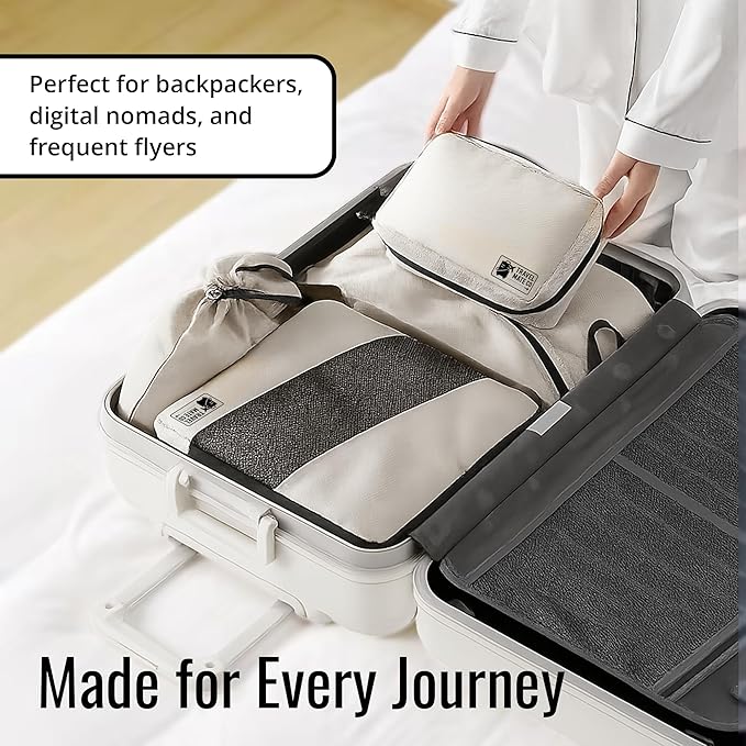 Compression Packing Cubes for Travel – 6-Piece Luggage Organizer Set with Double Zipper Compression, Shoe Bag, Laundry Pouch & Toiletry Bag – Lightweight Carry-On & Suitcase Organizers