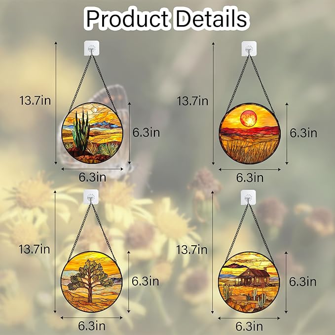 Stained Glass Window Hanging 4 Pcs Set Desert Sunset Theme Landscape 6.3" - Suncatcher Door Garden Sun Catcher Decor Birthday Christmas for Mom Woman Nana Men