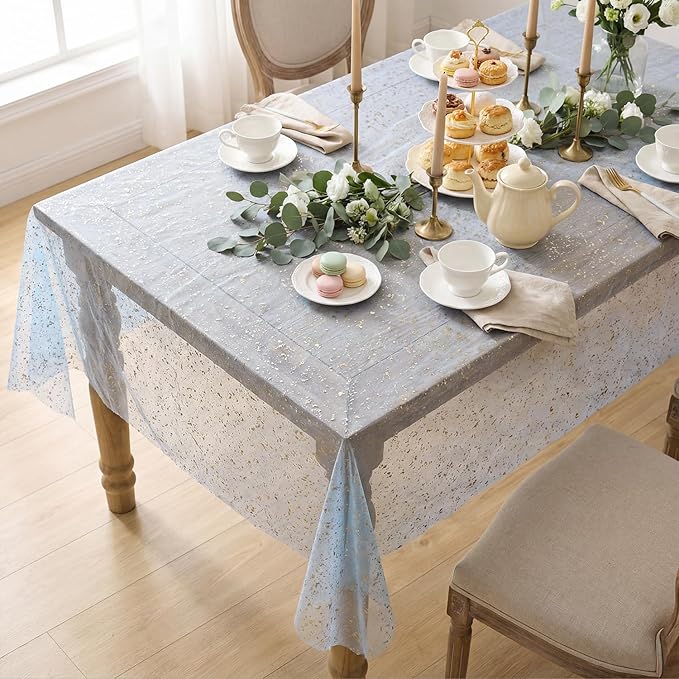 Horaldaily Blue Gold Gauze Tablecloth 60x104 Inch Rectangular, Golden Sequin Glitter Metallic Foil, Sheer Tulle Cheesecloth for Wedding Baby Shower Ceremony Birthday