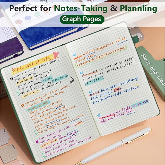 Graph Paper Notebook, 160 Pages Grid Journal for women & men, A5 Hardcover Leather Graphing Notebook for School, Work, Travel, Note Taking 5.9”x8.5” (Green)