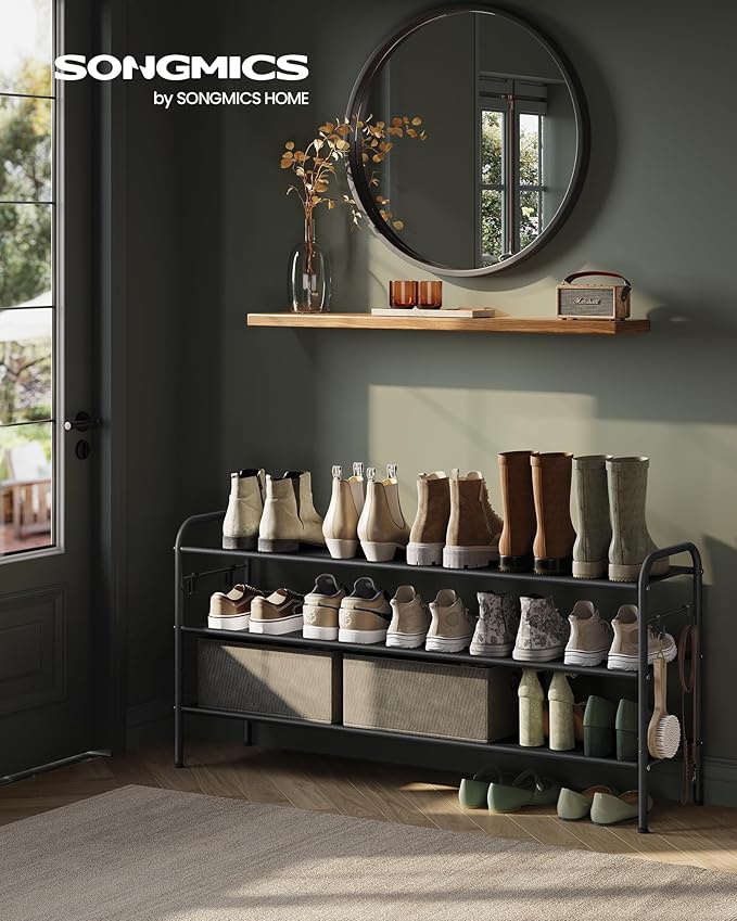 SONGMICS Shoe Rack, 3-Tier Shoe Organizer, Fabric Shoe Shelf Storage with 4 Hooks, Holds up to 18 Pairs of Shoes, Height-Adjustable Shoe Rack for Entryway, Hallway, Closet, Easy Assembly, Ink Black