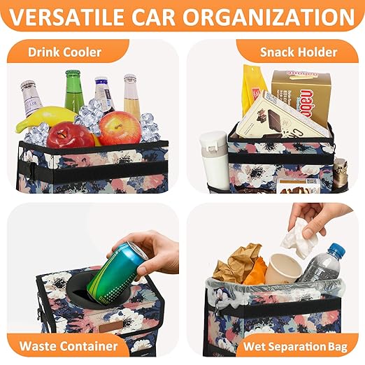 Vankor Car Trash Can for Car Cute, Trash Bag Bin Hanging Waterproof Automotive Garbage Cans Leak Proof Vehicle Trash Can Painting Floral