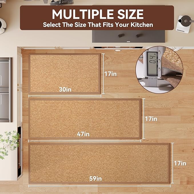 YDKGL Kitchen Runner Rugs Non Slip Washable Anti Fatigue, Super Absorbent 0.4" Thick Cushioned Long Kitchen Mats for Floor, Jute-Look Sink Floor Mat Laundry Standing Mat, Easy Clean, Brown 17"x59"