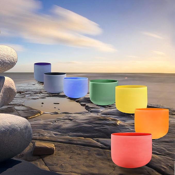 RYAN DVAN 432 hz 7-12 Inch Set of 7 Colored Frosted Quartz Crystal Singing Bowl with Free 2 pcs Carrying Cases
