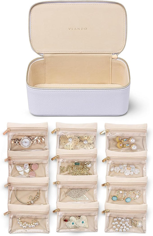 Vlando Jewelry Travel Case,Travel Jewelry Organizer with Clear Velvet Jewelry Bags 12Pcs Zipper Pouch for Women Earrings Organizers-Purple