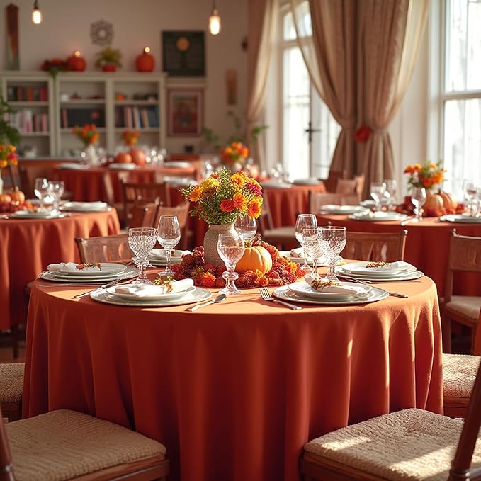 sancua Thanksgiving Round Tablecloth 120 Inch Diameter, 8 Pack Rust Circle Polyester Fabric Fall Table Cloth for Holiday Party Reception Washable Burnt Orange Table Cover (Fit 48-96 Inch Tables)
