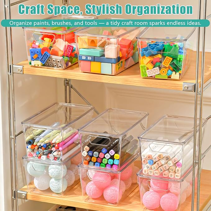 6 Pack Clear Storage Bins with Lids, Small Acrylic Arts and Craft Storage Containers, Stackable Clear Plastic Craft Storage Bins with Handles for Pantry Organizers and Storage, Kitchen, Fridge, Office