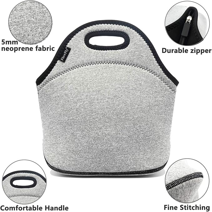 FlowFly Neoprene Kids Lunch Box Insulated Soft Bag Mini Cooler Thermal Meal Tote Kit for Boys, Girls, Men, Women, School, Work, Office, Grey