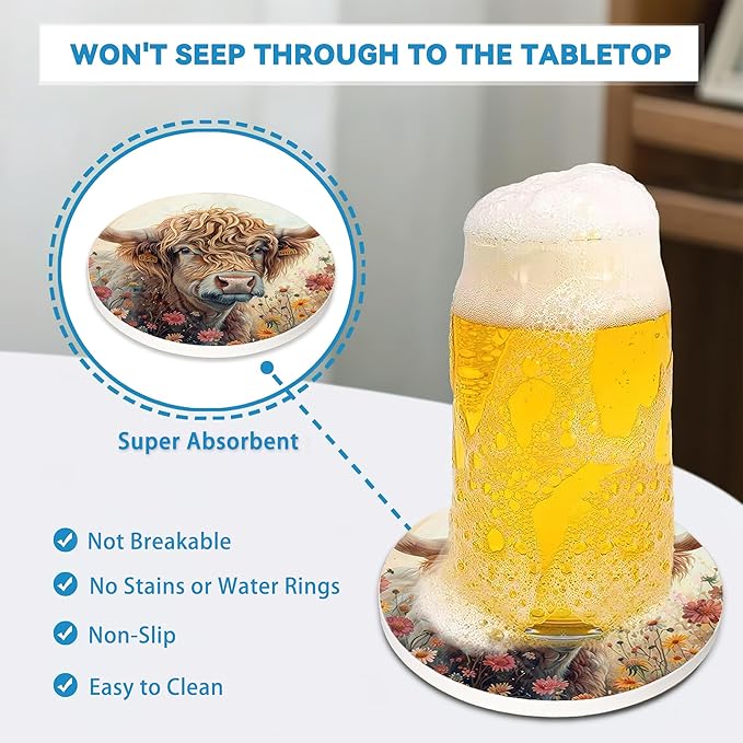 Drinks Coasters Set of 4, Highland Cow Wildflowers Round 4" Cup Coasters, Absorbent Ceramic Stone Coasters with Cork Base, Cute Coasters for Table Home Décor, Ideal Gifts for Women Men