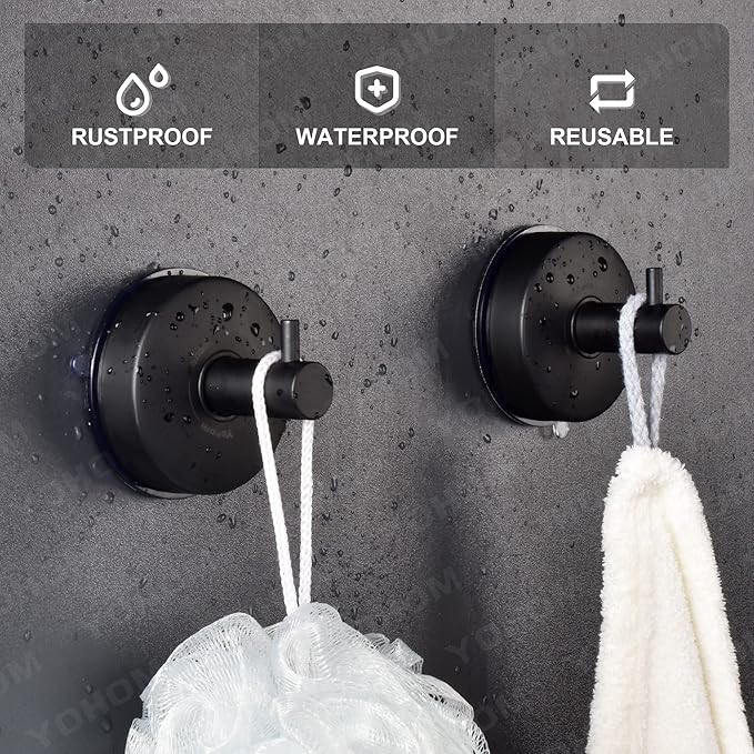 YOHOM Suction Cup Hooks Shower Towel Holder Stainless Steel Vacuum Bathroom Shower Hook Suction Towel Rack Kitchen Organizer for Bathrobe Loofah Matte Black 2Pcs