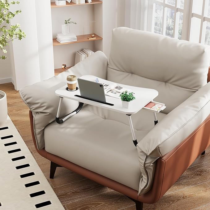 Lap Desk Bed Trays for Eating and Laptops Breakfast in Bed Tray for Sofa/Couch/Study/Reading/Writing with Cup Holder/Drawer On Low Sitting Floor Large Portable Foldable (White)