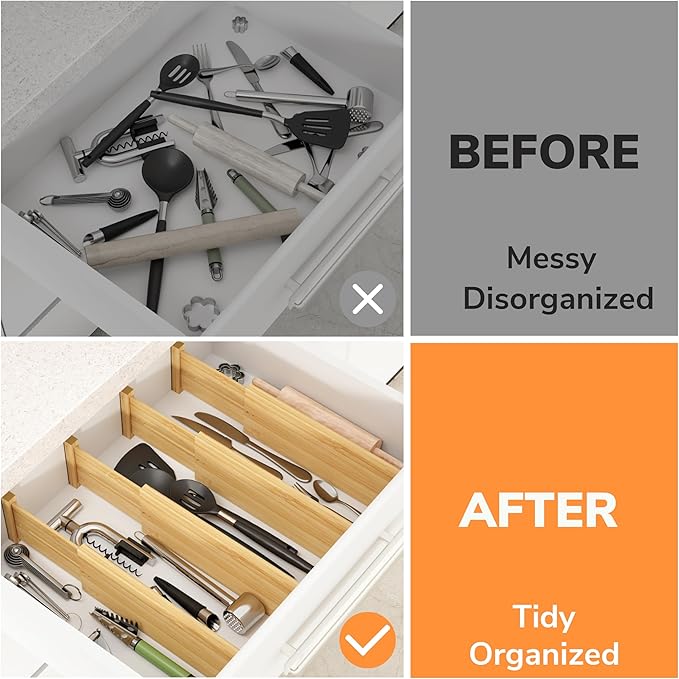 BAMEOS 4 PCS Bamboo Drawer Dividers, Adjustable Drawer Dividers, Kitchen Drawer Organization, Utensil Organizers for Kitchen, Dresser, Bathroom, Bedroom, and Office