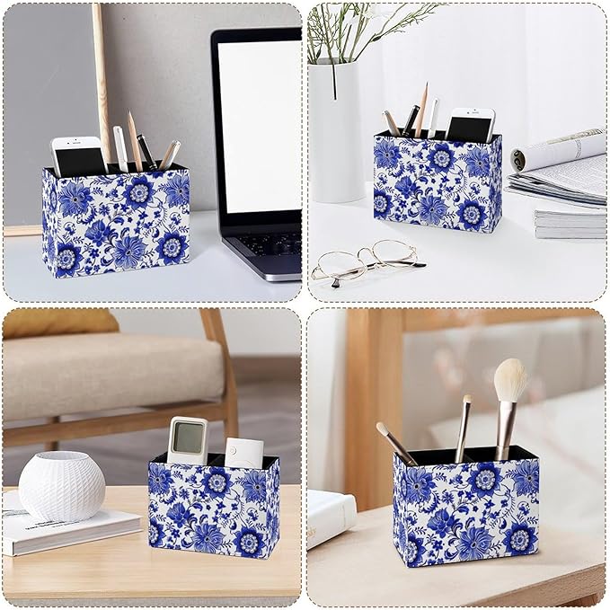 Famame Porcelain Blue Flowers Pencil Holder for Desk, Leather Desktop Container Pen Cup Storage Study Table Pen Organizer Makeup Brush Holder for Classroom Office Home