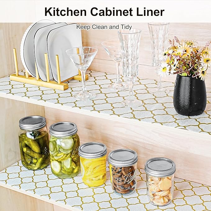 Drawer and Shelf Liner for Kitchen Cabinet,Non-Adhesive Cabinet Liner 12in x 30FT,Waterproof Shelf Paper Non-Slip Mats Cupboard Liners Contact Protect Dresser/Shelves/Table-Golden Lantern