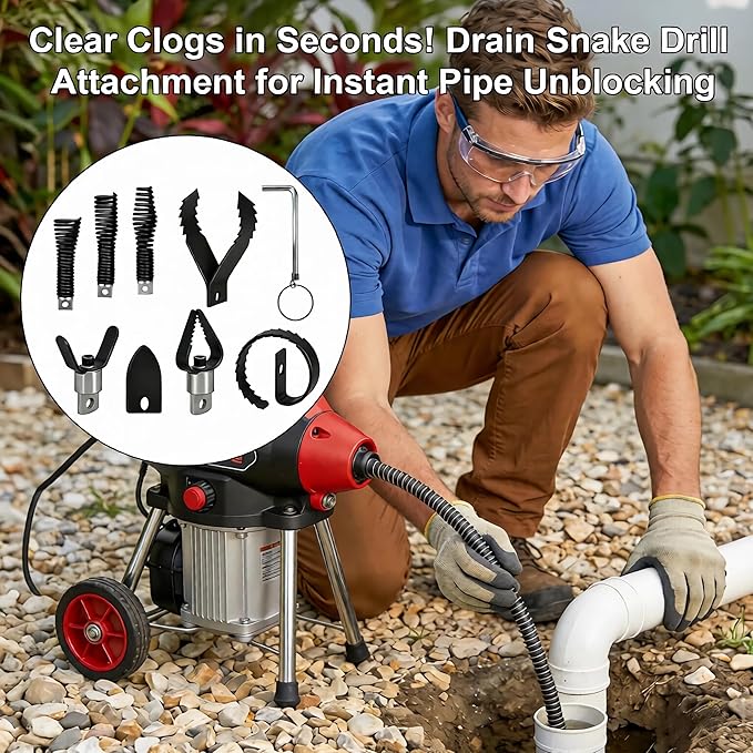Drain Snake Drill Attachment, 9-Piece Root Cutter for Drain Cleaning, Manganese Steel – Compatible with 50-100FT AC Machines, for Pipe Clog Removal, Fits 5/16"-3/4" Cables