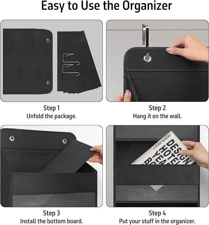 Over Door Organizer with 4 Large Capacity Pockets, Heavy Duty Hanging Organizer Storage for Closet Bathroom Nursery Bedroom Dorm, Toys Cosmetics Sundries and Baby Essentials, Black