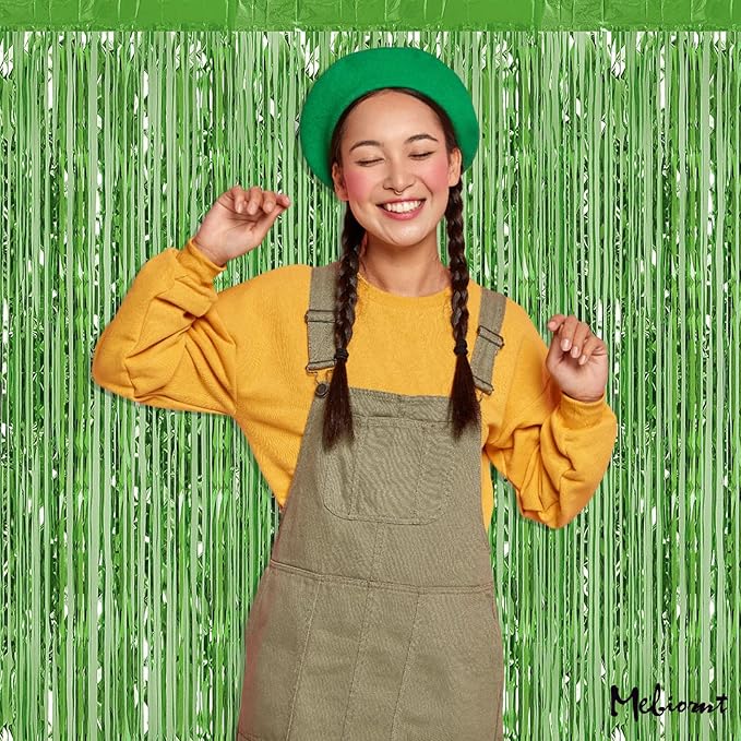 4 Pack Fringe Curtain Backdrop, 3.2Ft x 8.2Ft Light Green Metallic Tinsel Foil Fringe Streamers Background for Photo Booth Birthday Wedding Baby Shower Carnival Easter Mother’s Day Party Decorations