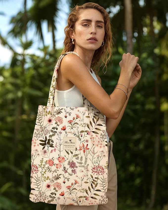 Miss Adola Corduroy Tote Bag for Women - Reusable Totes with Pocket & Buckle Cute Aesthetic Shoulder Bag for Work Travel