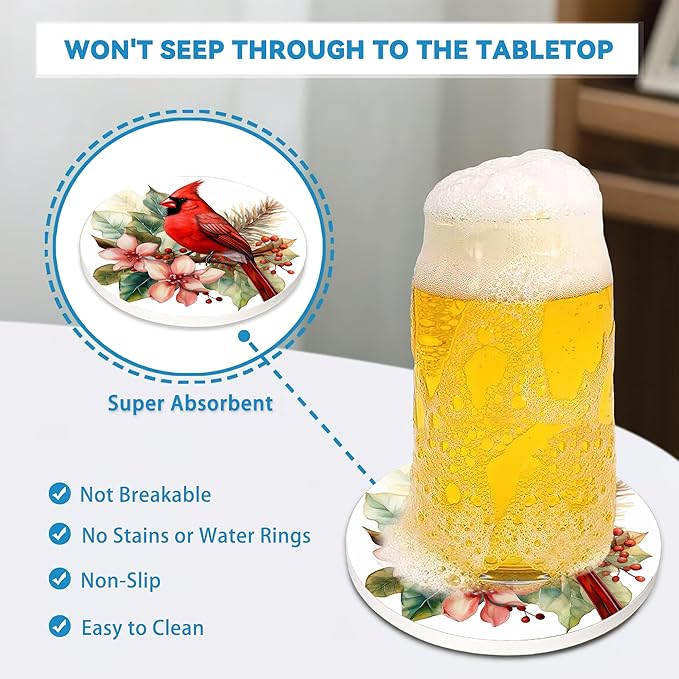 Cardinal Coasters Set of 4, Absorbent Ceramic Stone Coasters with Cork Base, Winter Christmas Home Decor, Ideal Gifts