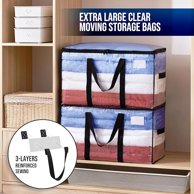 TAILI Extra Large Moving Bags, 10 Pack Clear Heavy Duty Totes for Storage with Visible Window, Wrap Around Handles, Storage Bags for Space Saving, Alternative to Moving Boxes