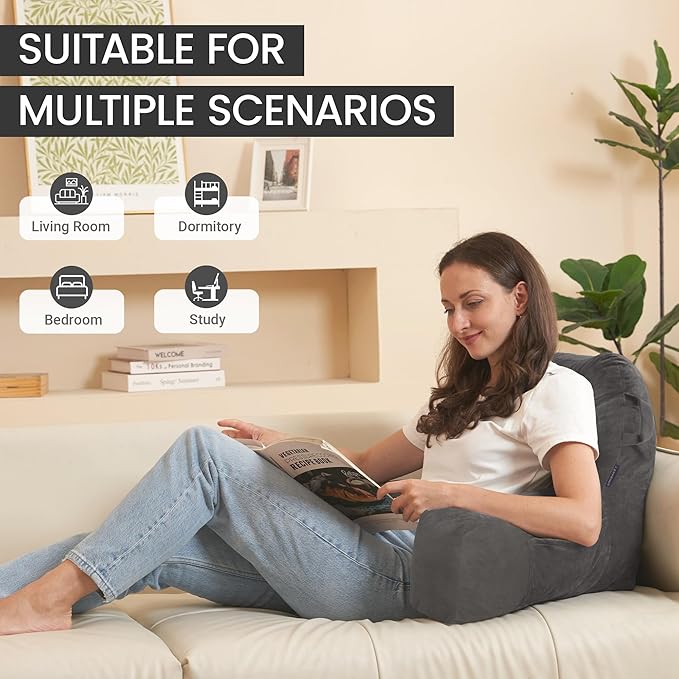 Portable Comfy Reading Pillows for Bed Sitting Up(Light Grey Oeko-Tex), Velvet Back Pillow with Arms & Pockets for Adults, Support Memory Foam Bed Pillow for Dorm/Reading/Watching/Gaming