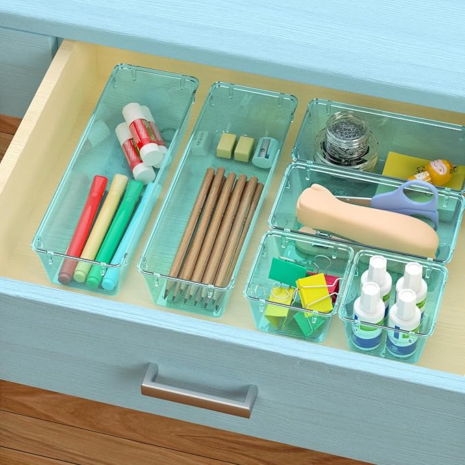 WOWBOX 9 Pack Clear Drawer Organizer Set, Acrylic Drawer Storage Trays, Storage Bins for Makeup, Cosmetics, Jewelry, Utensils, Gadgets, Office, Sea Blue
