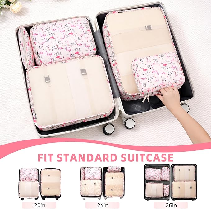 BAGAIL 8 Set Packing Cubes Luggage Packing Organizer Bags for Travel Accessories - Pink Flamingo