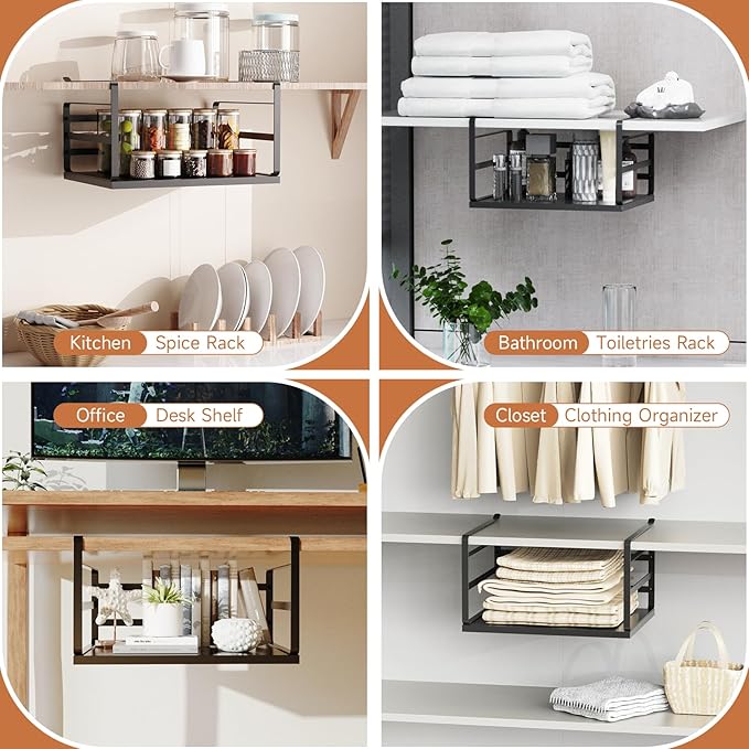 PEKGRIL 2 Pack Large Under Shelf Basket, Black Undershelf Storage Basket, Heavy Duty Slide-in Hanging Storage Basket, Metal Under Cabinet Organizer for Kitchen, Pantry, Desk, Bookshelf, Cabinet