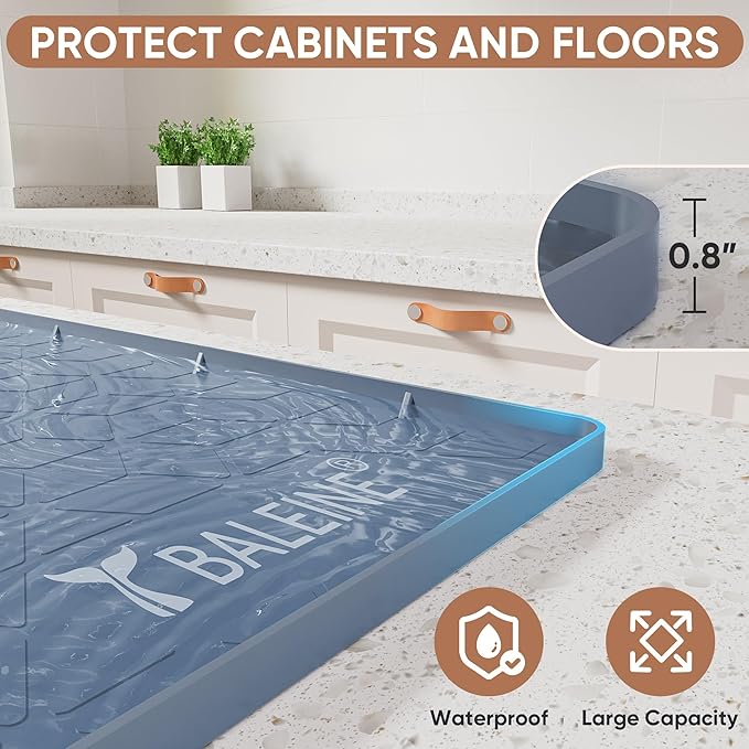 BALEINE 28''×22'' Under Sink Mat, Waterproof Food Grade Silicone Undersink Mat, Cabinet Shelf Drip Tray, Under Sink Liner for Kitchen, Bathroom (Blue)