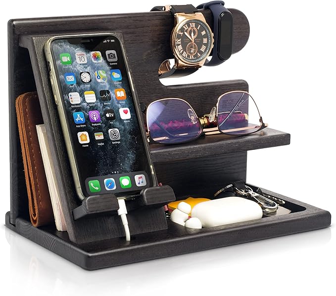 TESLYAR Wood Phone Docking Station for Men - Desktop or Nightstand Organizer - Birthday Gifts for Men, Dad - Anniversary Idea from Wife - Key Holder, Stand Wallet, Watch & Essentials (Black)
