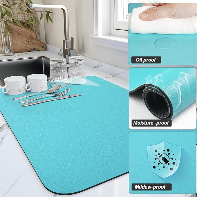 HotLive Dish Drying Mat for Kitchen Counter, Heat Resistant Drainer Mats with Non-slip Rubber Backing, Stain Hiding Kitchen Super Absorbent Draining Mat, Easy to Clean Dish Rack Pad, Teal 18"x24"