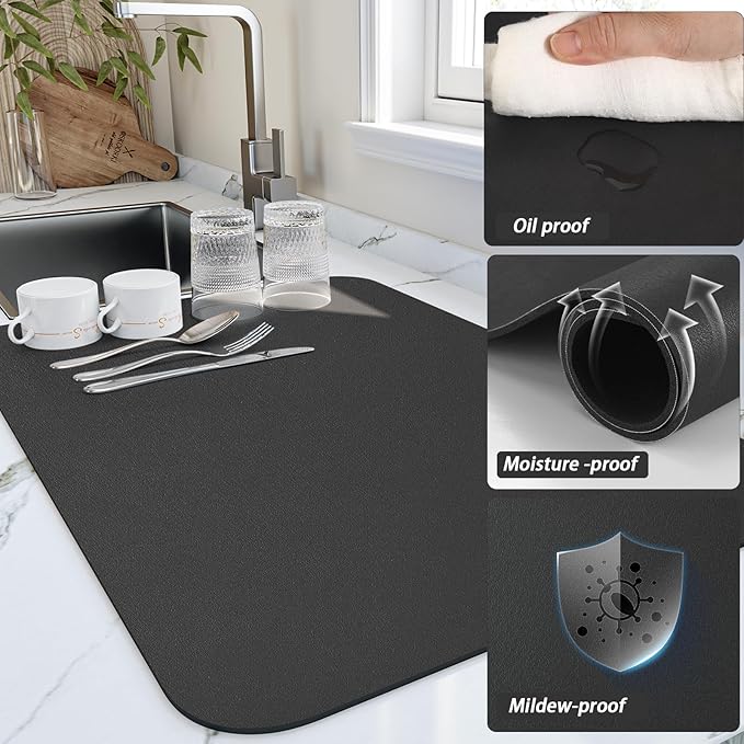 HotLive Dish Drying Mat for Kitchen Counter, Heat Resistant Drainer Mats with Non-slip Rubber Backed, Hide Stain Kitchen Super Absorbent Draining Mat, Easy to Clean Dish Rack Pad, Black 16"x20"