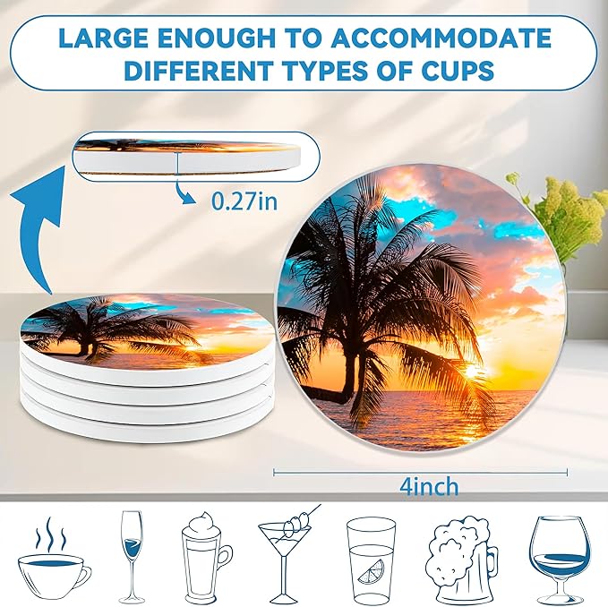 Palm Tree Coaster Set of 4, Absorbent Ceramic Stone Coasters with Cork Backing, Sunset Beach Theme Round Coasters for Home Table Decor, Ideal Gifts for Women or Men