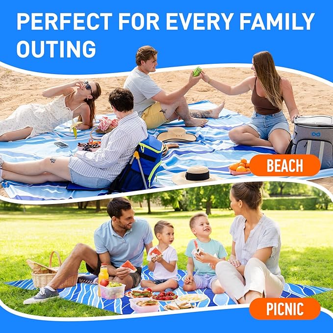 Everlasting Comfort Large Beach Blanket Waterproof & Sandproof - 128” x 108” /10.7ft x 9ft - Lightweight Picnic Mat, Camping Necessities for 10 People - Accessories for Outdoor Festivals - Blue