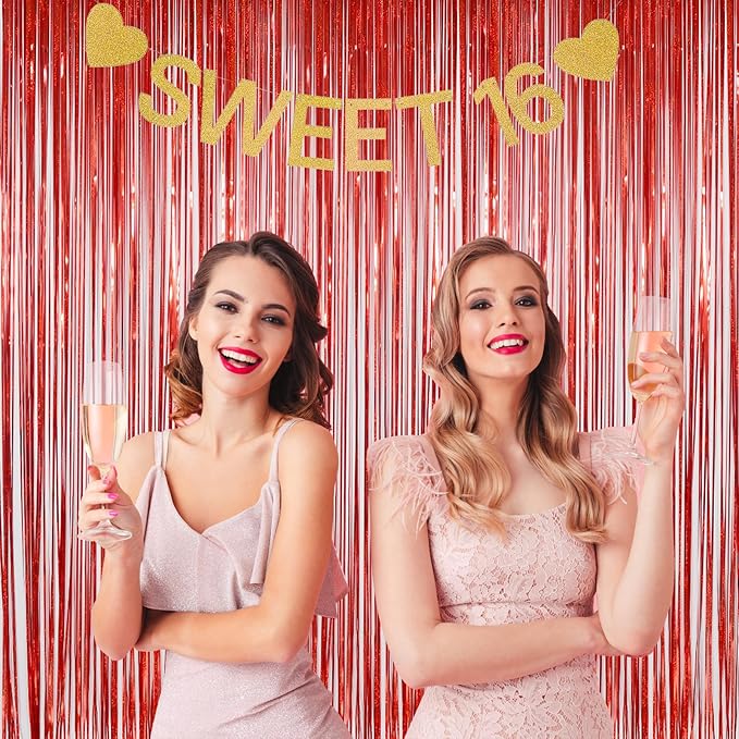 Red Foil Fringe Curtains Party Decorations – 3 Pack 3.2 x 8.2 ft Shiny Tinsel Backdrop for Valentine’s Day, Birthday & Photo Booth