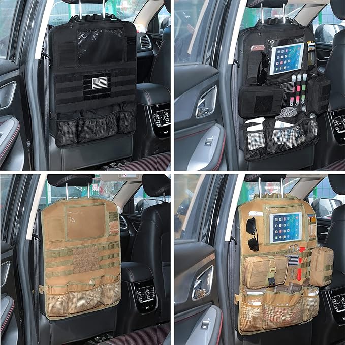 Tactical Car Seat Back Organizer Upgraded Tactical Molle Seatback Cover Protector Universal Fit Vehicles Truck MPV Pickup (Khaki)