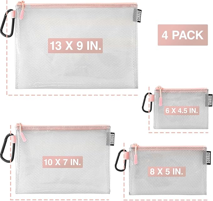 GOBAGS Air Production Multi-Size Clear Zipper Pouch (4-Pack) – Cable Organizer & Travel Gear Bag for Electronics, Camera Accessories, Tool Pouch & Small Tech Storage (Pink)
