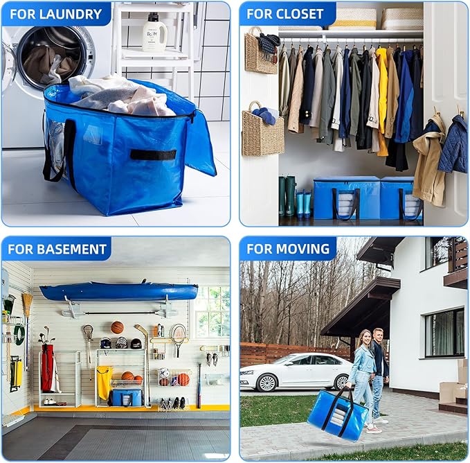 TAILI Extra Large Moving Bags, 8 Pack Blue Heavy Duty Totes for Storage with Visible Window, Wrap Around Handles, Storage Bags for Space Saving, Alternative to Moving Boxes