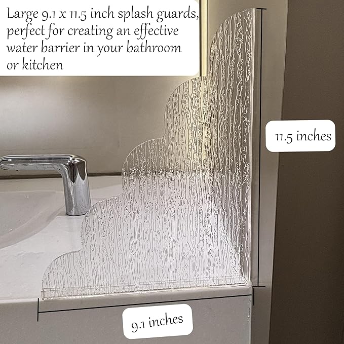 Large Shower Splash Guard, 2 Pack, 9.1 x 11.5 Inch, Waterproof Bathtub Corner Water Blocker with Silicone Base, Unique Acrylic Baffle for Bathroom, Kitchen Sink