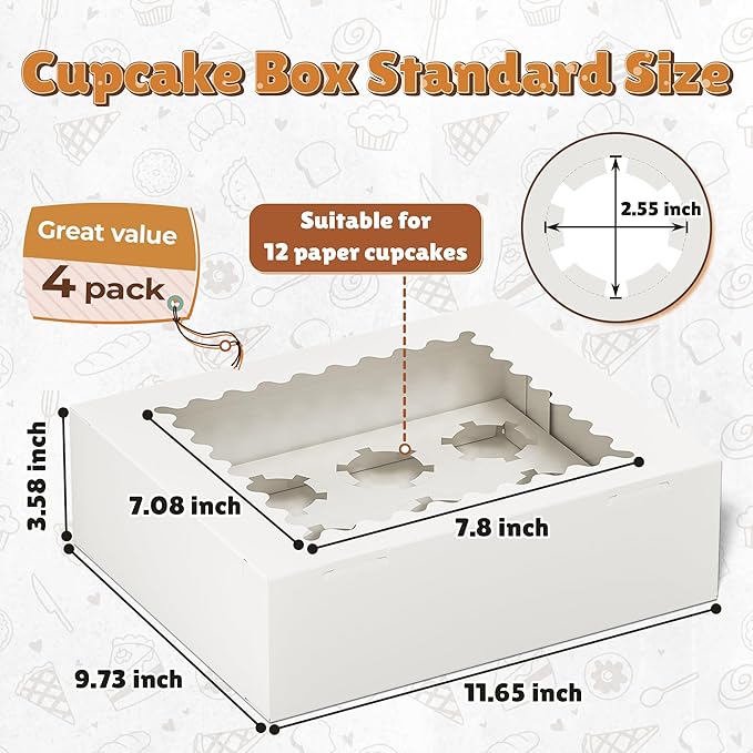 RYDDOY 4 Pack Cupcake Boxes, Hold 12 Standard Cupcakes, Cupcake Containers with Window and Inserts, High Grade Cupcake Holder, for Birthday Holiday Party, Supplies for Cupcakes, Desserts and More