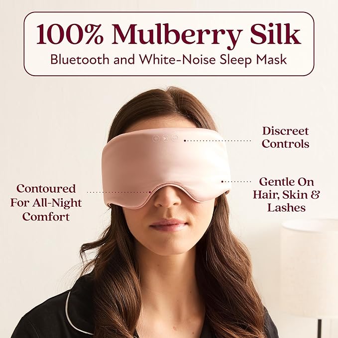 SilkSound 100% Mulberry Silk Bluetooth Sleep Mask for Side Sleepers, Sleeping Eyemask with Bluetooth Headphones, Eye Mask Headphones, Sleep Headphones for Side Sleepers, White Noise Head Phones