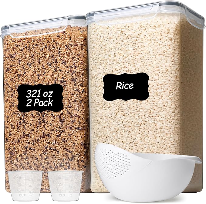 ComSaf Rice Container Set of 2 (9.5L/10Qt), Large Airtight Food Storage Containers with Lid and Rice Washer, Plastic Canister Sets for the Kitchen, Pantry Organizers for Flour, Cereal, and Cooking