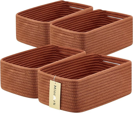 MiniArk Small Storage Baskets for Organizing | Closet Organizer Bins | Shelf Toy Basket | Woven Rope Baskets | Cube Decorative Box | Shallow Basket | 13x8.5x5.1” | 4 Packs Oxide Red