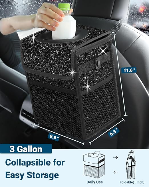 Capolo Car Trash Can with Lid, Leakproof Car Trash Bag Hanging Waterproof Automotive Garbage Can with Storage Pockets Mini Vehicle Trash Bin for Back/Front Seat (Sparkly Black, 3 Gallon)