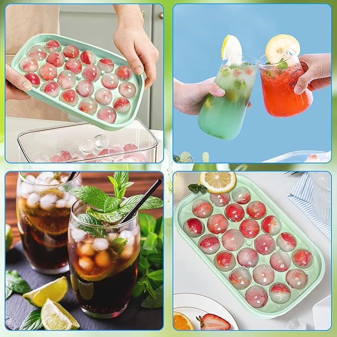Ice Cube Tray, 2 Pack Silicone Ice Balls Maker with Lid BPA Free Easy-Release Ice Cube Trays for Freezer, DIY Homemade Round Ice Cubes for Whiskey, Cocktails, Coffee (Green)